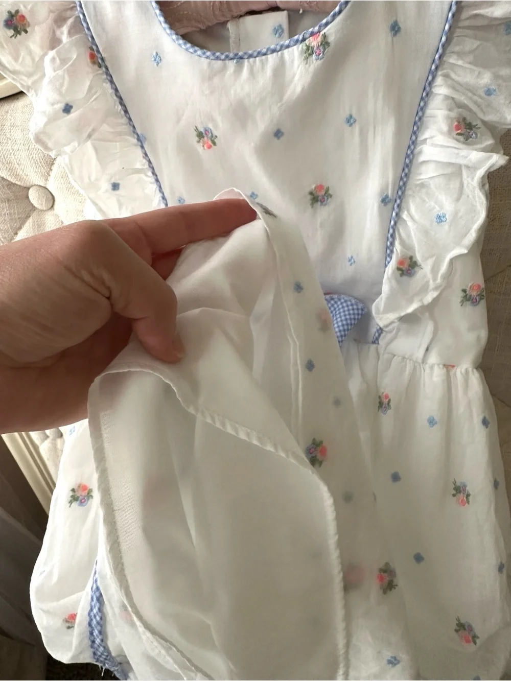 Pippa & Julie Little Flutter Sleeve White Floral Dress with Blue Gingham Bow